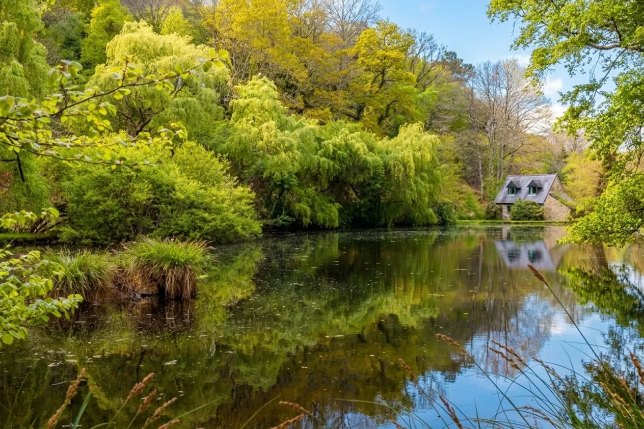 One of the ponds surrounded by greenery